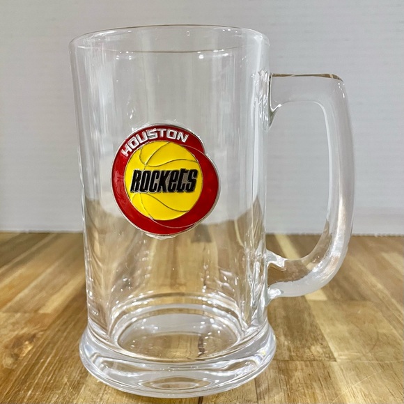 Vintage Houston Rockets Clear Glass Handled Mug 5 1/4” Tall Round Medallion Logo - Picture 1 of 8